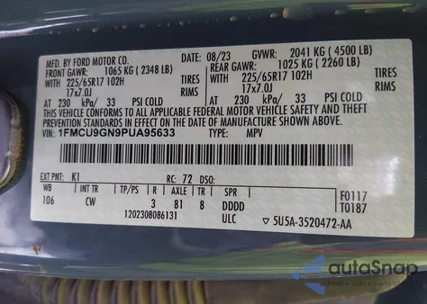 2023 Ford Escape Active из США, поврежденный, VIN 1FMCU9GN9PUA95633